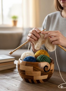 Cuenco de Madera Hecho a Mano de Primera Calidad para Guardar Hilos con Guía de Hilo Tallada para Tejedores y Crochetistas Disponible al Mejor Precio - Product Image 3