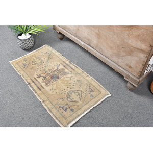 Alfombra de lana turca beige vintage de 1,4x2,7 pies, rectángulo clásico de área grande con patrón abstracto para dormitorio, pasillo, respaldo de látex - Product Image 2
