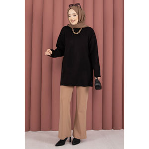 เสื้อคลุมลำลองคอกลมสีดำสำหรับฤดูใบไม้ร่วง แบบหลวมๆ ถักนิตติ้ง ชุดคู่แบบยาวและแบบสั้น  ถักด้วยเทคนิคแจ็คการ์ด - Product Image 1
