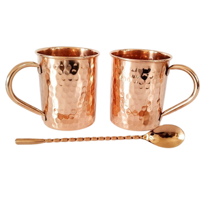 <b>Set</b> <b>of</b> Hammered Copper <b>Mugs</b> With Matching Cocktail Stirring Spoon for Stylish Drink Serving - Product Image 1