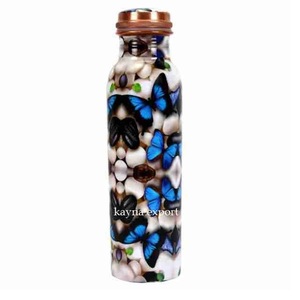 Bouteille en cuivre écologique imprimée papillon bleu tendance avec couvercle Capacité de 401 à 500ml pour gymnase, école, bureau et maison - Product Image 1