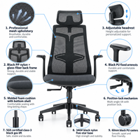 Chaise de bureau à dossier haut en maille avec appui-tête réglable, cadre noir, verrouillage 3 positions pour bureau de direction