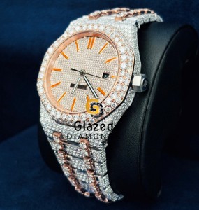 Adorn Your Wrist With Fully Iced Out Two Tone Moissanite <b>Watch</b> With Orange Stick Bar and Hip Hop Style - Product Image 3