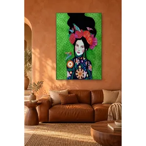 Fida Femme avec couronne de fleurs et oiseaux sur fond vert, impression sur toile - Product Image 2