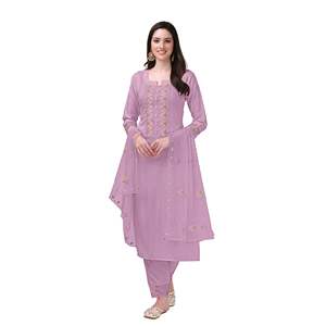 ชุด Salwar ปักลายพื้นเมืองของผู้หญิงชุด G103-Purple พร้อมกางเกง Kurta และ Dupatta สำหรับงานแต่งงานใส่ได้พอดีตัว - Product Image 1