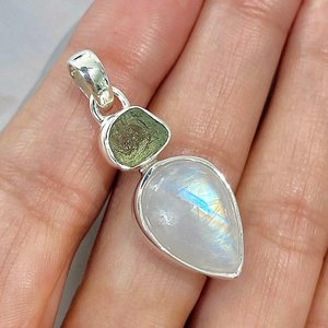 Ấn tượng thiết kế 925 sterling Silver tự nhiên Moonstone và moldavite đá quý mặt dây chuyền handmade đồ trang sức mỹ Mặt dây chuyền & Charms - Product Image 5