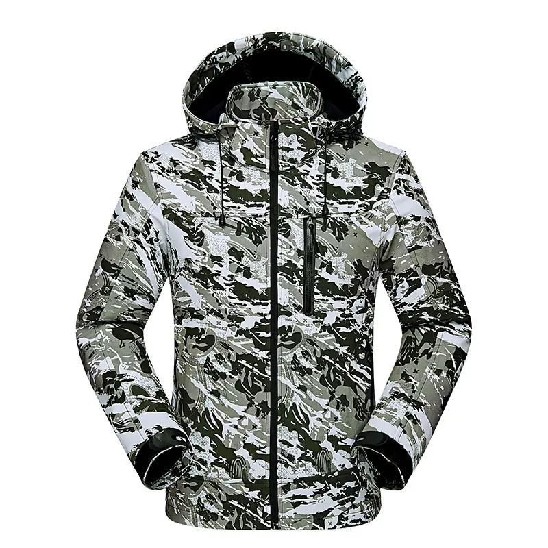 Winter outdoor sports camouflage fleece soft shell jacket hooded windproof waterproof casual warm riding jacket