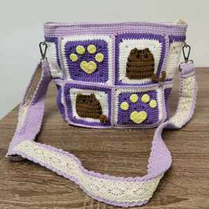 Bolso de Playa Romántico para Mujer, Bolso Bandolera de Ganchillo Vibrante con Diseño de Gato, Bolsa de Mano Hecha a Mano, Versipacks, Bolso de Punto con Diseño de Pata de Gato - Product Image 2