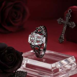 Jeulia Gothic Black Rose <b>Cross</b> Coffin Fashion <b>Ring</b> - Product Image 2