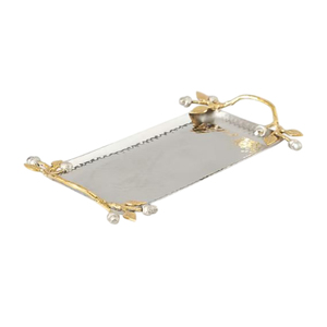 Vintage Silver Stainless Steel With Natural Brass Flower Handles Designer <b>Decorative</b> Serving Platter For <b>Kitchen</b> <b>Accessories</b> - Product Image 4