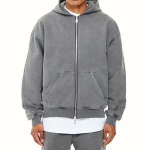 <b>Men</b> Full Zip up Hoodie Custom Logo Cotton French Terry Puff Print High Quality Heavyweight Vintage Acid Wash Zip up Hoodie - Product Image 1