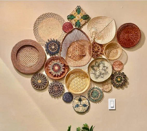 Panier jonc de mer bleu clair fait à la main Style Art déco motif de fleurs traditionnel maison rotin décoration murale assiette de fruits suspendu printemps - Product Image 1