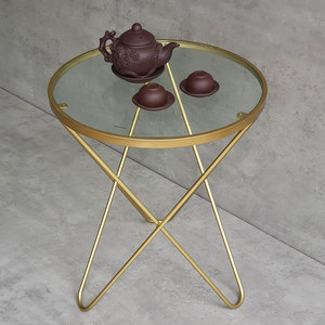 Modern Farmhouse Round <b>Side</b> <b>Table</b> 40cm with V-Shaped Iron Legs and Glass Top Decorative Living Room Furniture-SST033 - Product Image 3