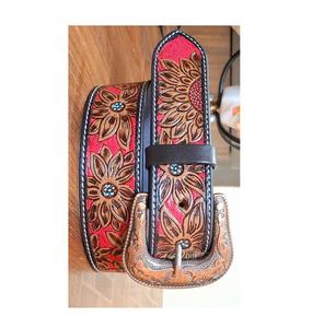 Hot Selling Unisex Floral <b>Tooled</b> Red & Brown <b>Leather</b> <b>Belts</b> Beaded <b>Belts</b> Fancy Buckles Customized by Manufacturers Durable <b>Belts</b> - Product Image 2