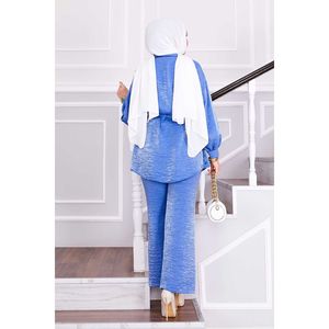 Ensemble deux pièces indigo pour femme avec haut à taille ajustable et pantalon en crêpe ample, tailles XS-XL, tenue de sport avec ceinture - Product Image 4