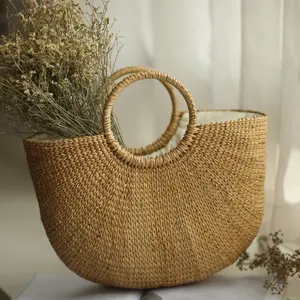 New round vintage handle straw beach summer items bag woven bag hand made wholesale Vietnam seagrass water hyacinth handbag