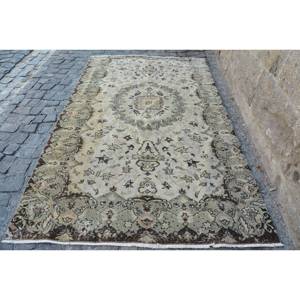Vintage Turkish Wool Rug Classic Beige Green 5.2 X 8.7ft Large Area Latex Backing for Hallway Bedroom Bedside Patchwork Design - Product Image 2