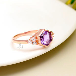 Unique Fine Jewelry Real 925 Solid Sterling Silver Hexagonal Cut <b>Amethyst</b> Stone Semiprecious Gemstone <b>Ring</b> for Wholesale - Product Image 4