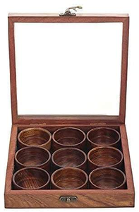 Boîte à épices en bois antique indienne, boîte à épices en bois antique avec 12 contenants et une cuillère dans une boîte à épices en bois - Product Image 2