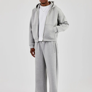 Men's Gray Hooded Tracksuit Full <b>Zip</b> Sweatshirt and Pants Set Casual Loose Fit Solid Color 100% Cotton Autumn Wear - Product Image 4