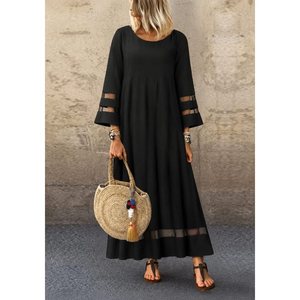 Vestido largo de crepé con mangas y cuello Kadin Truvakar, con detalles en tul, 38600 - Negro - Product Image 1