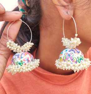 Hand Painted Meenakari Work <b>Silver</b> Plated Butterfly Design Mogra Fitting Pearl <b>Jhumka</b> Bali Hoop Earring For Women And Girls - Product Image 1
