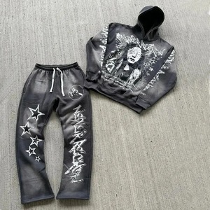 Survêtement personnalisé délavé à l'acide jogging vintage avec broderie d'appliques pantalon de survêtement évasé ensemble de sweats à capuche survêtements en détresse - Product Image 4