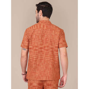Amanush Men's Cotton Tan Brown Texture Plaid Mandarin Collar Short Sleeve Casual <b>Shirt</b> Breathable <b>Linen</b> <b>Summer</b> Wear - Product Image 4