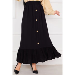 Jupe crayon noire modeste en mousseline avec taille élastique et détails boutonnés, coupe ajustée confortable, taille XS, style formel hiver - Product Image 2