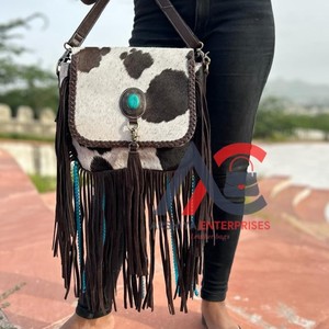 Nouveau Style occidental cheveux sur cacher fourrure cuir perles sac à franges haute qualité Boho femmes cuir Turquoise pierre taille idéale sac à main - Product Image 1
