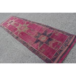 Tapis turc vintage Herki en laine 2,9x11,3 pieds, écologique, patchwork, avec support en latex, rose, gris, floral - Product Image 4