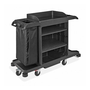 Chariot de nettoyage noir à 3 niveaux avec sac en filet, chariot utilitaire à roulettes pour bureau et hôtel - Product Image 1