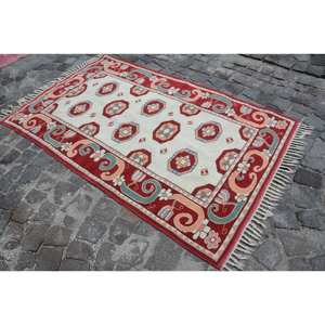 พรมขนแกะสีเบจสีแดงสไตล์วินเทจสำหรับห้องขนาด10มม. 4x6ft แนววินเทจผ้าสามเหลี่ยมแบบเย็บปะติดดีไซน์แบบแอบสแตรกต์สไตล์ชนเผ่าพื้นเมืองสำหรับห้อง10มม. - Product Image 2