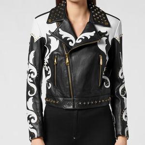 Veste de motard en cuir noir pour femme, nouveau Style clouté d'étoile avec cuir en peau de vache - Product Image 1