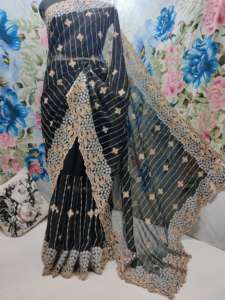 All-Over Lucknow Chino Motif floral Georgette Soie Saree Doré Jari Swarovski Pierres Bordure Style Ethnique Extensible - Product Image 2