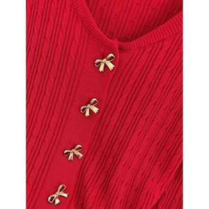 Women's Casual Winter Knitted Long Sleeve <b>Cardigan</b> with Ruffle Trim and Button Detail - Product Image 5