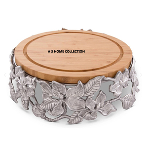 Plateau de service décoratif de luxe en acier inoxydable et laiton avec poignée en forme de fleur pour mariage - Product Image 6