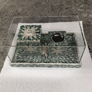 Ensemble de brûleur à encens et plateau de décoration d'intérieur de haute qualité, fait à la main pour les fêtes de l'Aïd, en bois naturel avec incrustations de nacre - Product Image 1