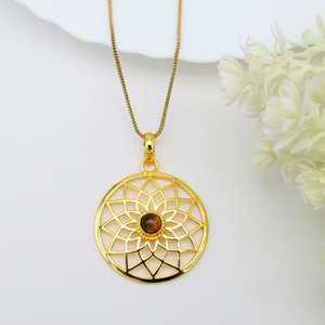 New Fashion Pendant Boho Geometric Necklace Women Brass Mandala Jewelry 18k Gold Plated Tiger Eye Pendant For Wholesale/OEM/ODM - Product Image 4