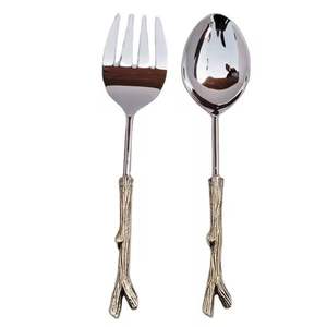Ensemble de service à salade en acier inoxydable de haute qualité avec poignée en bois moderne poli doré - Product Image 4