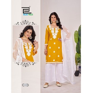 Kurtis Tradicional de Rayón Bordado con Estampado de Lámina de 14 kg para Mujer, Maruti Fashion MF1113, con Palazzo, Nazneen y Dupatta, Estilo Indio-Pakistaní - Product Image 1