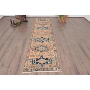 พรมวินเทจตุรกีขนาด 2.3x9.1 ฟุต, พรมปูพื้น, พรมขนสัตว์สีน้ำเงินน้ำตาล - Product Image 1