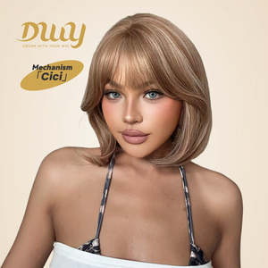 Cici-DWY MiraScalp Short-length <b>Bob</b> Synthetic <b>Wig</b> Light Brown with Blonde Highlights Glueless and Transparent Lace Color - Product Image 1