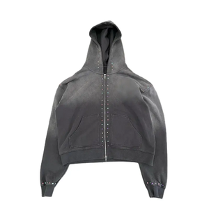 Conjunto de chándal personalizado para hombre 100% algodón con capucha y cremallera y pantalones de chándal acampanados con estilo de chándal de diamantes de imitación - Product Image 3