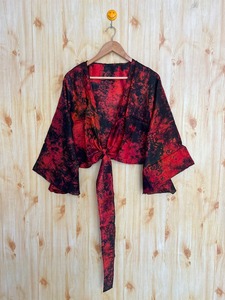 Top corto con mangas acampanadas florales, blusa envolvente de seda Bohemia Vintage para vestido de fiesta de Primavera/Verano, regalo frontal con lazo para ella, Top envolvente con tinte de corbata - Product Image 3