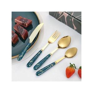 Luxury Wedding Eco-Friendly Heavy Duty Food Safe Gold Navy Blue Silverware Set Marble Pattern Wood Handles Gold Plated Utensils - Product Image 4