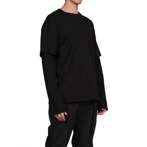 เสื้อยืดแขนยาวสำหรับผู้ชายผ้าฝ้าย100% ลำลองทรงหลวมไหล่ตกขนาดใหญ่สีทึบสองชั้น220กรัมผ้าพัฟฟิ - Product Image 4