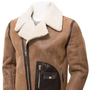 Veste en cuir suédé marron avec col en peau de mouton avec design multi-poches Veste de moto en cuir mode hiver chaud