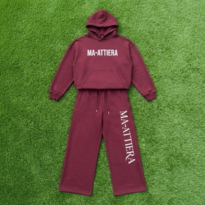 Custom Women Oversized Hoodie and Wide Leg Sweatpants Set <b>Burgundy</b> Cotton Fleece Graphic Print Two Piece Tracksuit - Product Image 5