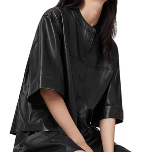 Camisa de Cuero Genuino de Manga Corta Estilo Vintage para Mujer, Color Sólido, Ligera y Cómoda de Usar - Product Image 4